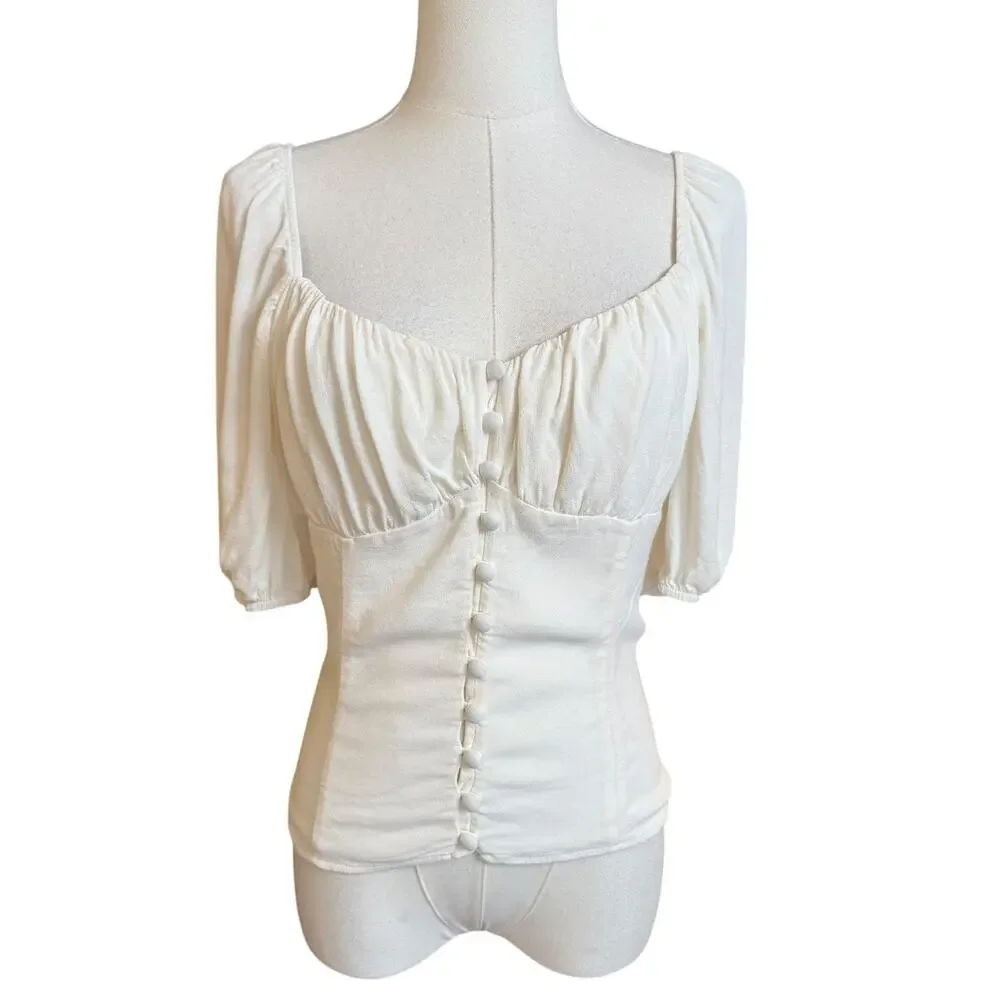 Reformation Buco Ivory Sweetheart Puff Sleeve Button Front Top Size 8 Romantic